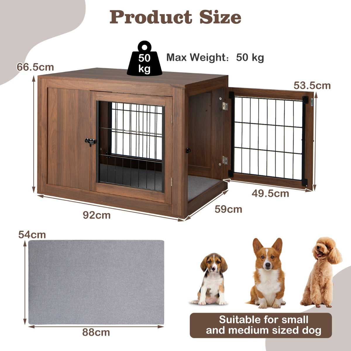 NNECW Furniture Dog Crate with Cushion & Double Mesh Doors for Indoor-3