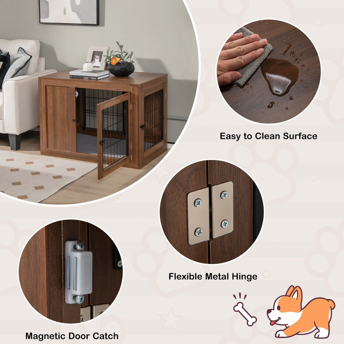 NNECW Furniture Dog Crate with Cushion & Double Mesh Doors for Indoor-4